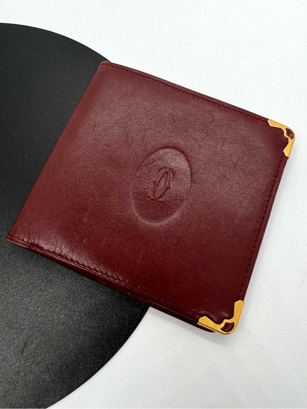 Cartier Burgundy Leather Bifold Card & Key Holder with Gold Corners